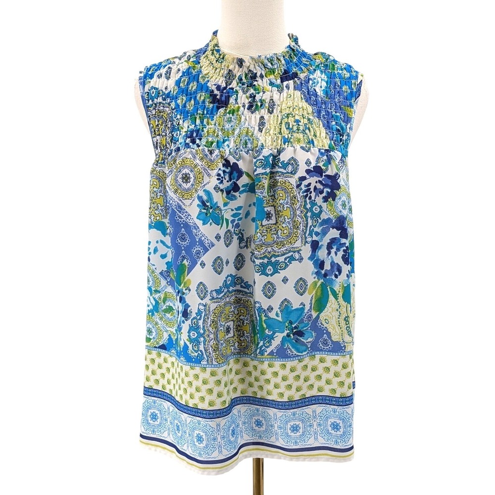 Boho smocked neck blouse blue green paisley floral sleeveless top L